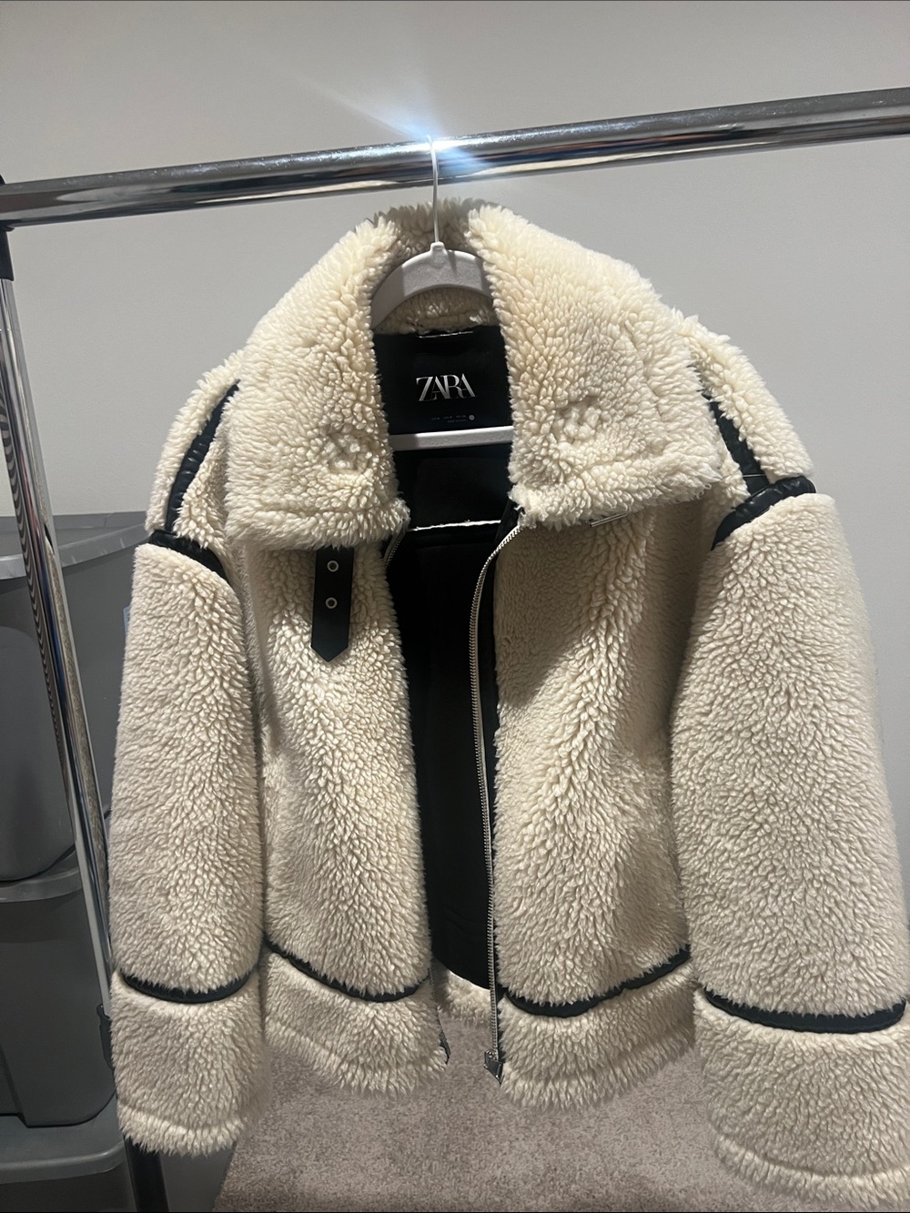 Zara Cream Teddy Aviator Jacket with Black Trim